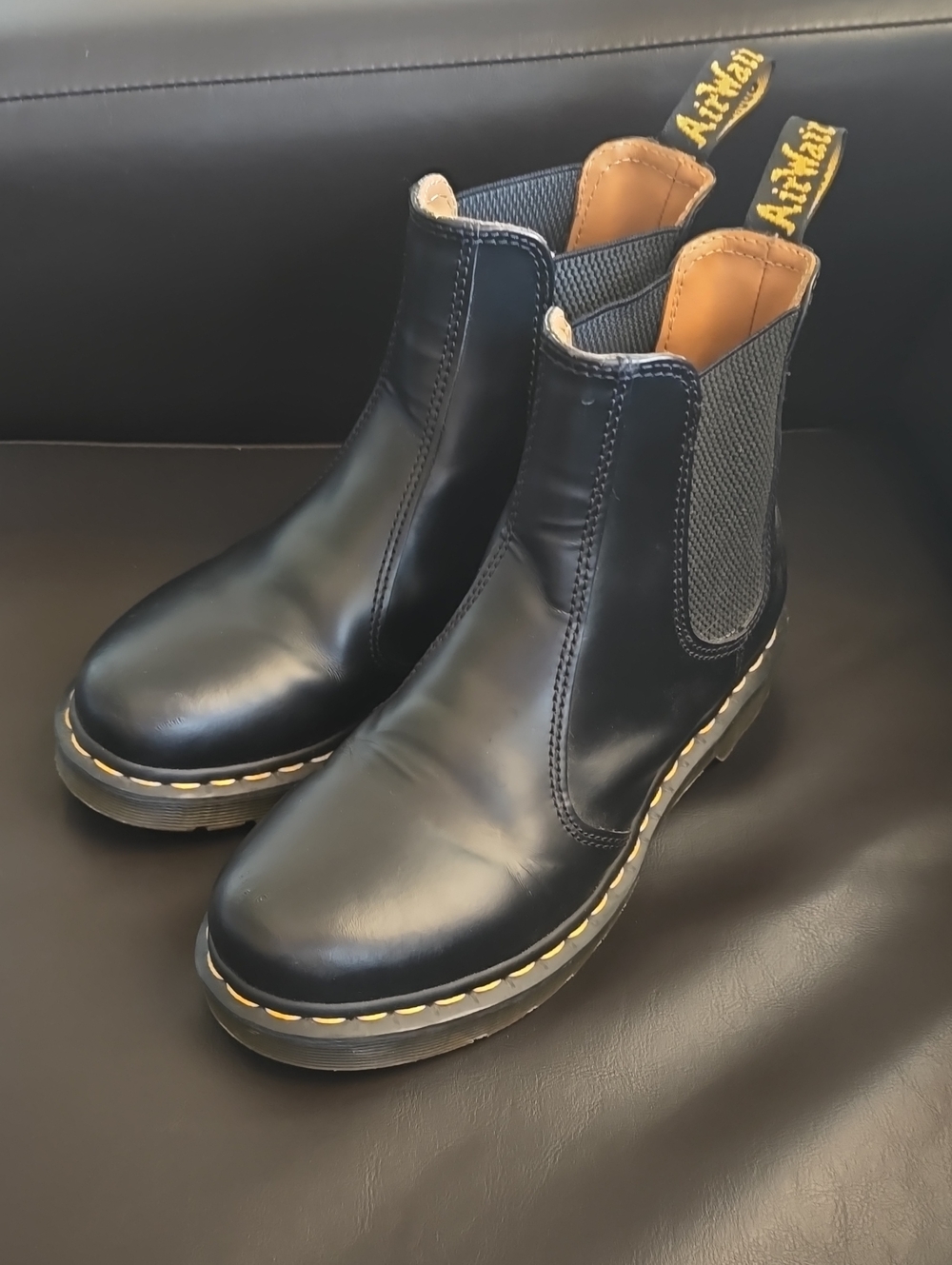 Dr. Martens Women Black Leather Chelsea Boots with Yellow Stitching